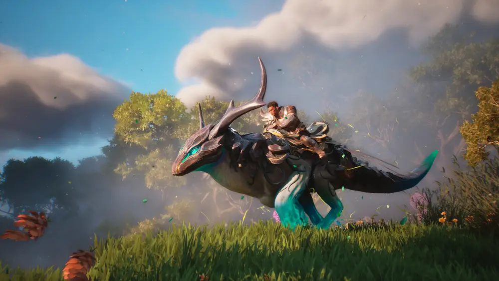 Jezdec uhánějící na fantasy oři pod modrou oblohou v Guild Wars 3