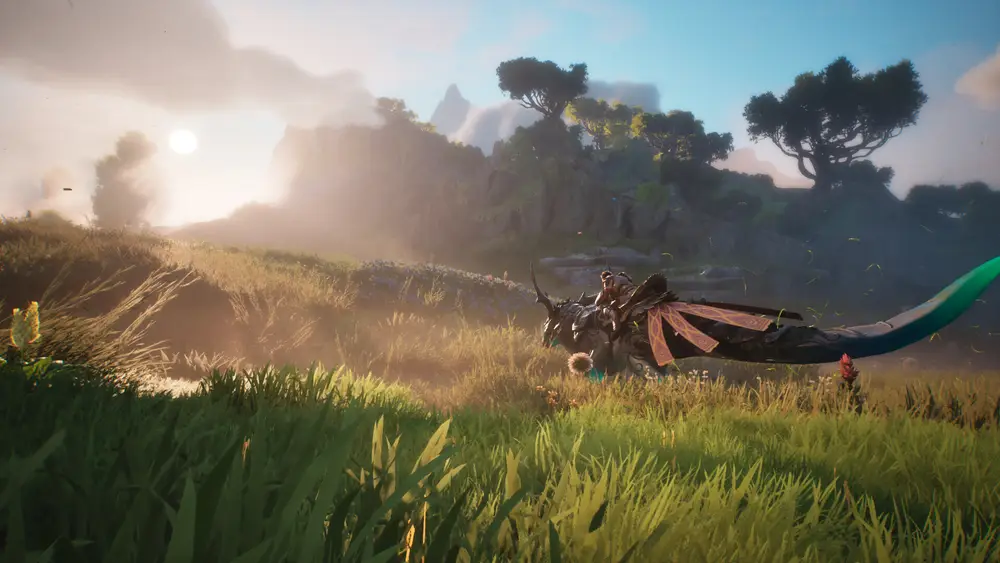 Jezdec na fantasy oři v travnaté krajině Guild Wars 3 za úsvitu
