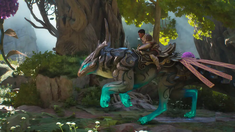 Jezdec na fantasy oři v hustém lese světa Guild Wars 3