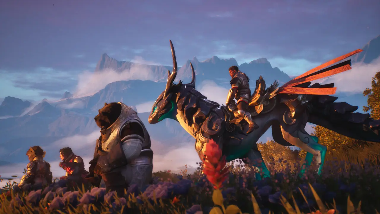 Skupina hrdinů s jezdcem na fantasy oři v horské krajině Guild Wars 3